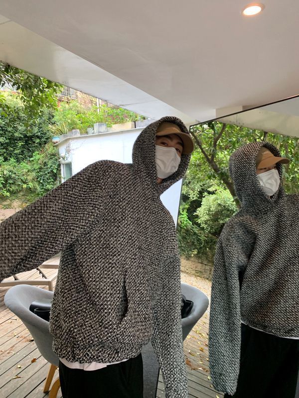 小香風連帽衛衣男秋冬潮流重磅高級感粗花呢外套寬鬆套頭長袖上衣