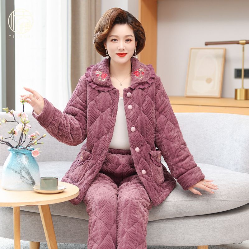 冬季睡衣女中老年人加厚加絨珊瑚絨可外穿媽媽保暖家居服套裝新款