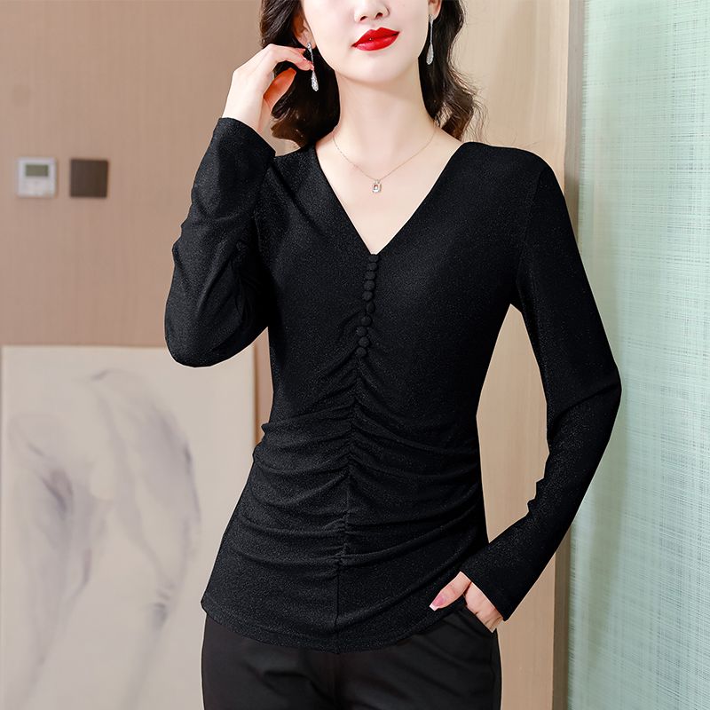 時尚顯瘦上衣女士長袖內搭v領網紗t恤春秋冬新款修身百搭打底小衫