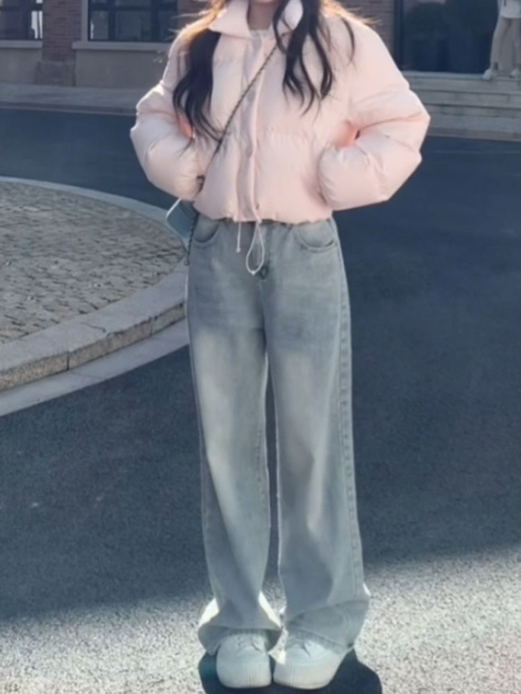 做舊窄版直筒牛仔褲女冬季新款梨形身材寬鬆遮胯顯瘦百搭闊腿褲子