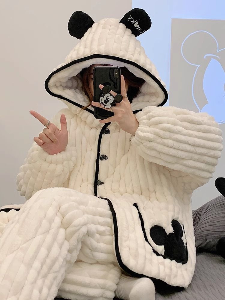 睡衣女2023年新款冬季天三層夾棉加絨加厚法蘭絨珊瑚絨家居服套裝