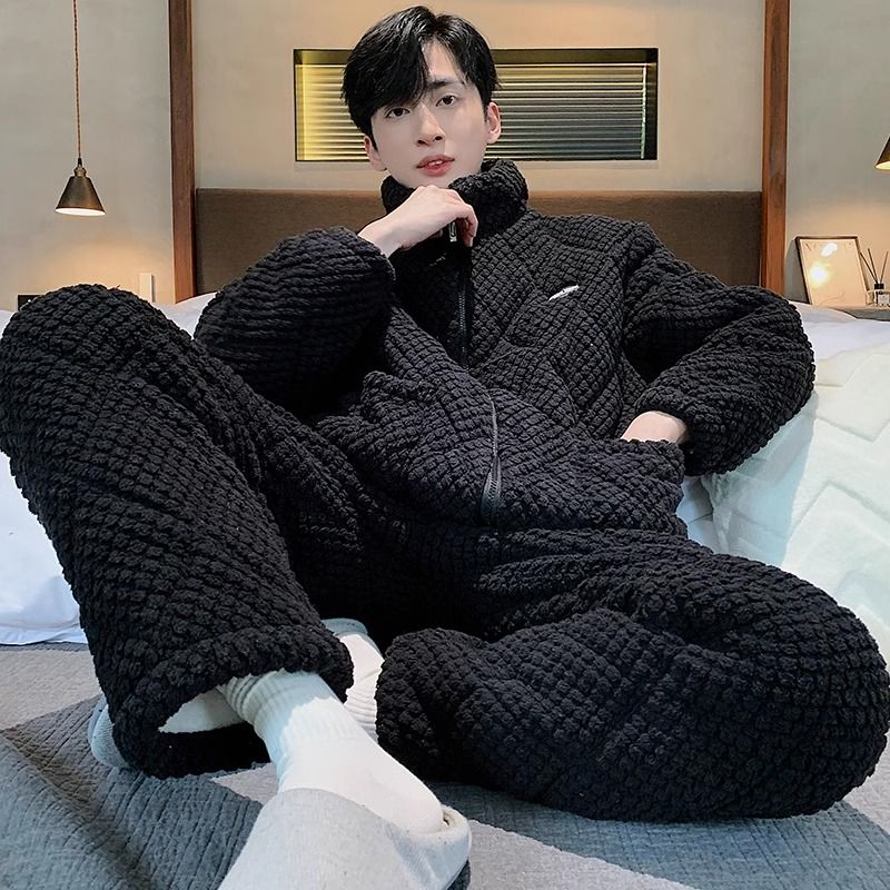 男士睡衣冬季加絨加厚珊瑚絨三層夾棉襖高領拉鏈法蘭絨家居服套裝