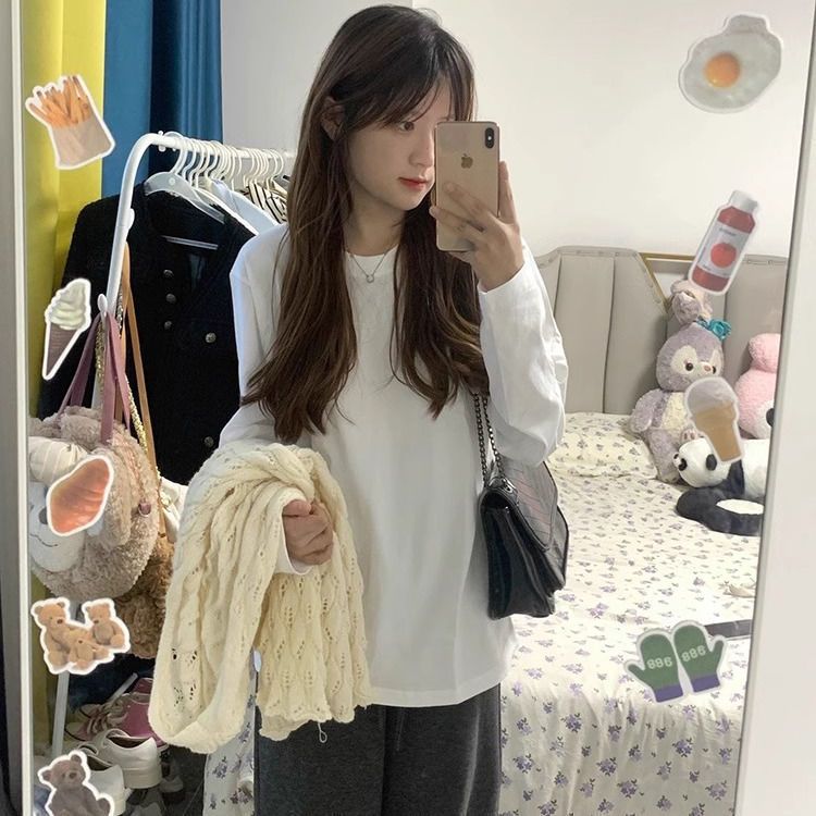 長袖T恤女純棉打底衫純色寬鬆百搭初秋新款女裝ins白色上衣學生潮