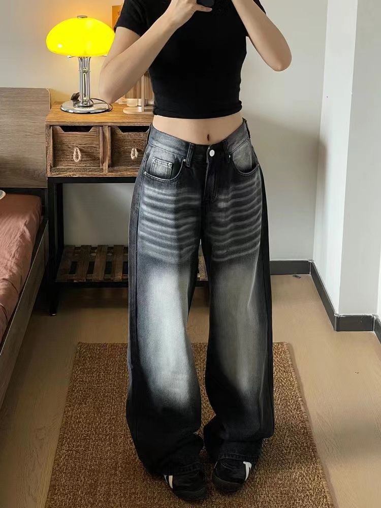 美式ins高街做舊磨白設計闊腿牛仔褲女秋冬高腰寬鬆顯瘦拖地褲潮
