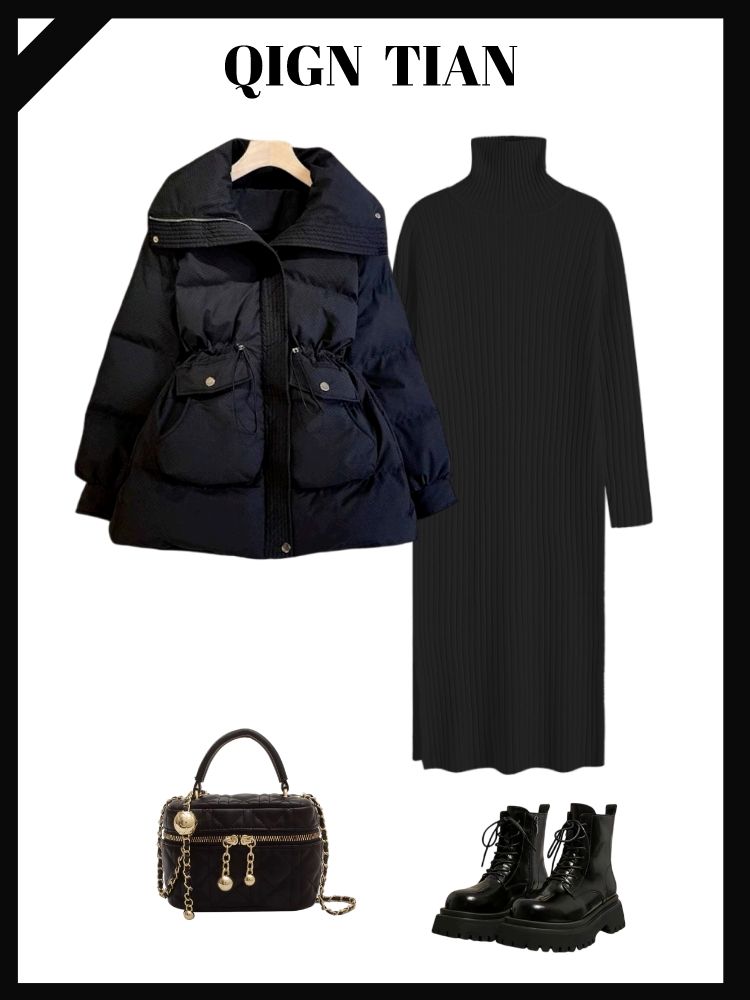 2023 new autumn and winter French style high-end black warm cotton jacket with mid-length slim dress is trendy