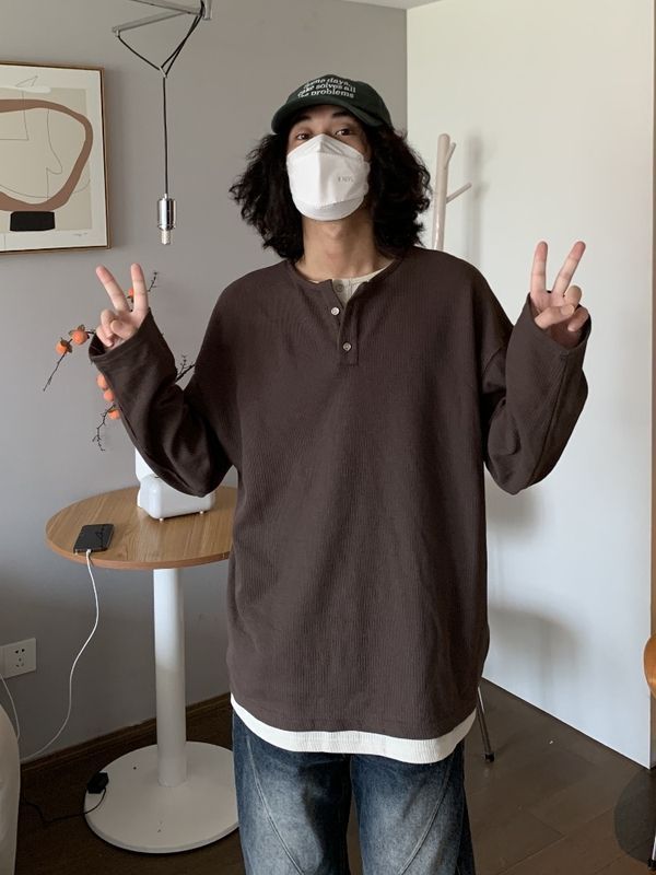日系復古亨利領假兩件長袖T恤男秋冬潮牌簡約休閒寬鬆打底衫上衣