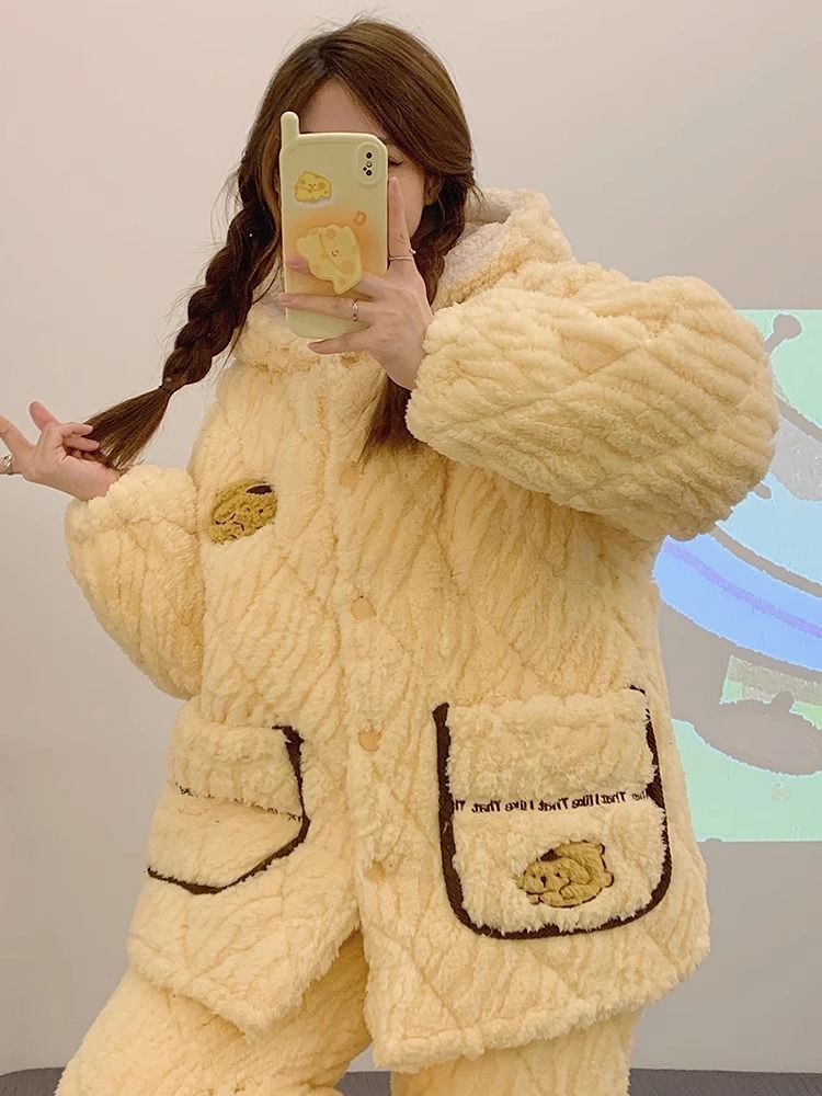 加絨加厚睡衣女冬季款可愛網紅風三層夾棉珊瑚毛絨外穿家居服套裝