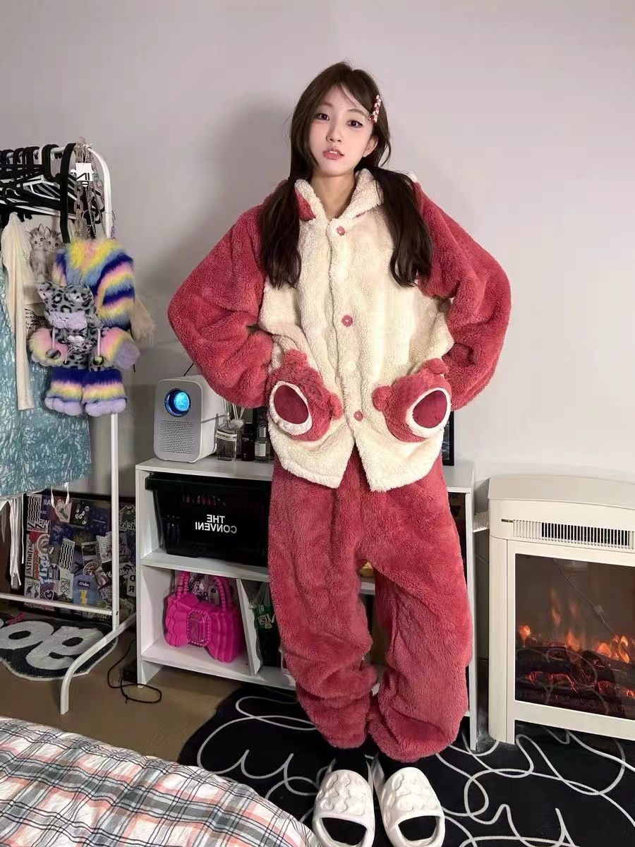 Cute strawberry bear thickened pajamas for women coral velvet winter new plush hooded dormitory suit home wear outer wear