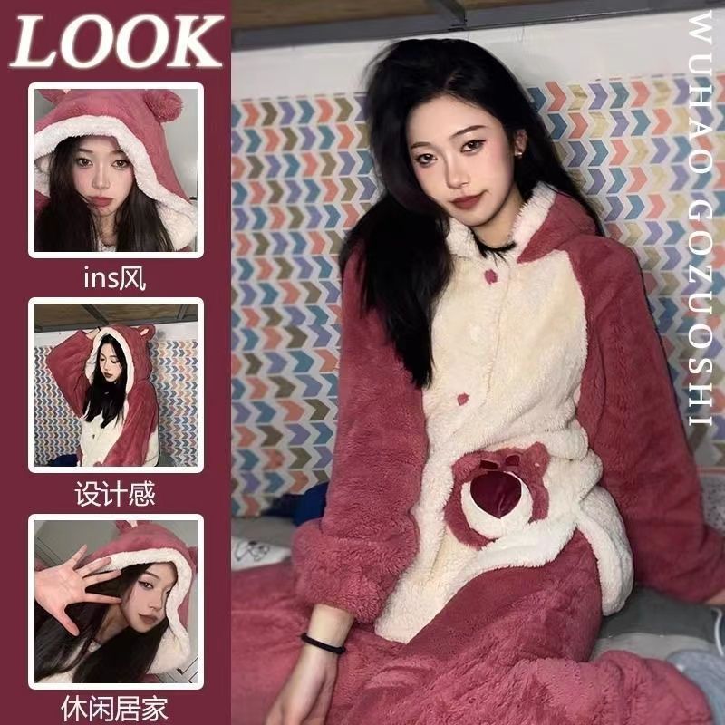 珊瑚絨草莓熊睡衣女款冬季可愛加絨加厚保暖長毛法蘭絨家居服套裝