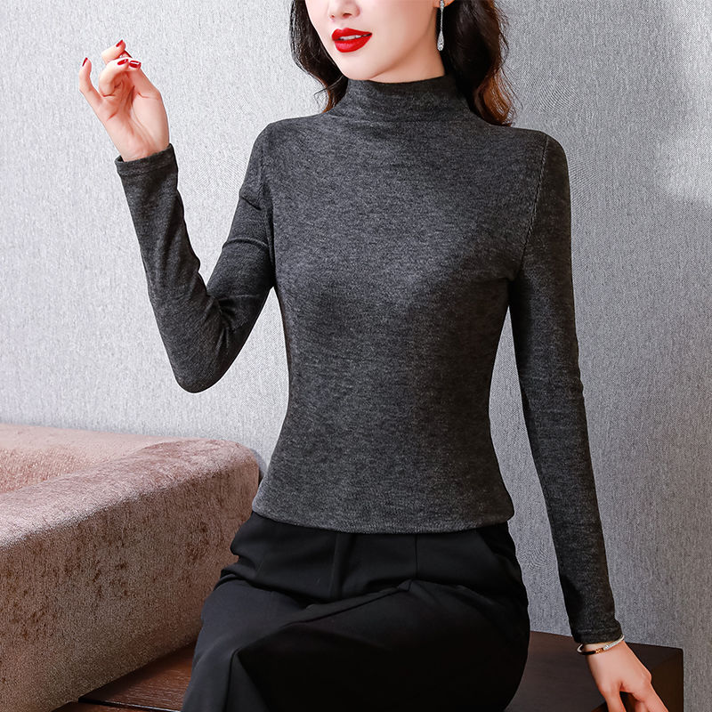 半高領德絨t恤女2023新款內搭保暖上衣秋冬季加絨加厚磨毛打底衫