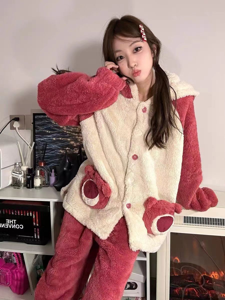 Cute strawberry bear thickened pajamas for women coral velvet winter new plush hooded dormitory suit home wear outer wear