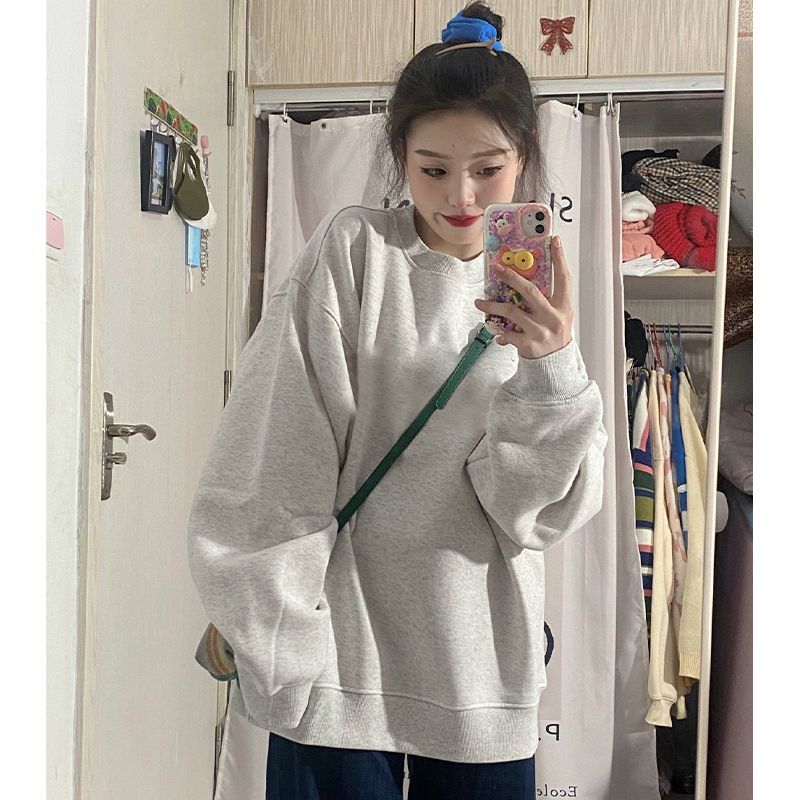 美式復古ins超火純色無帽衛衣女春秋冬加絨oversize韓版慵懶上衣