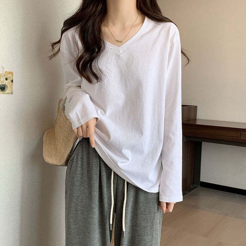 純棉V領打底衫純色長袖t恤女秋冬季新款寬鬆百搭內搭白色上衣潮
