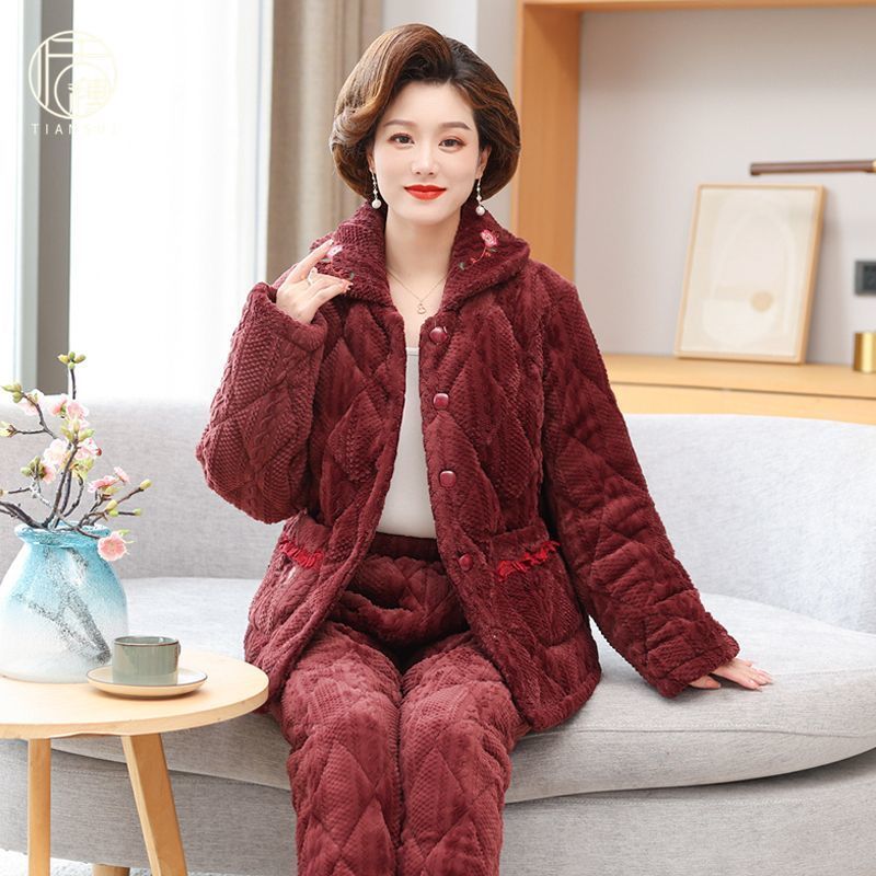 珊瑚絨睡衣女冬季新款加絨加厚法蘭絨三層夾棉中年媽媽家居服套裝