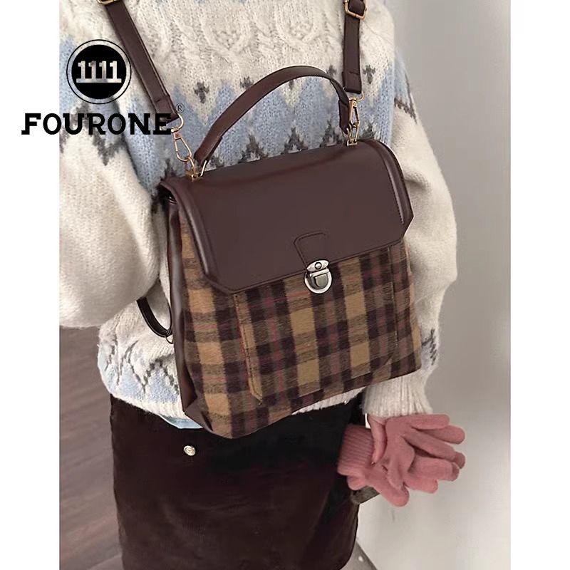 Retro college style woolen plaid bag women's new trendy Korean backpack large capacity handbag