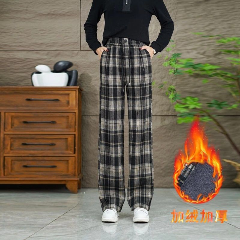 加絨格子窄版闊腿褲女高腰秋冬季2023新款直筒百搭顯瘦垂感拖地褲