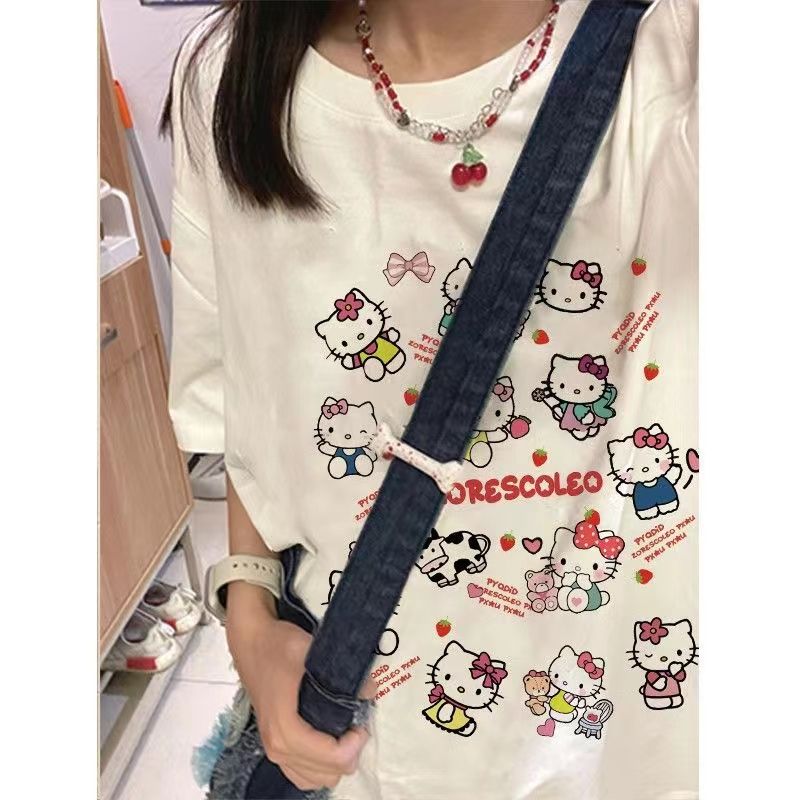 100%純棉2023新款夏季印花愛心KT貓短袖T恤學院卡通甜妹上衣潮ins