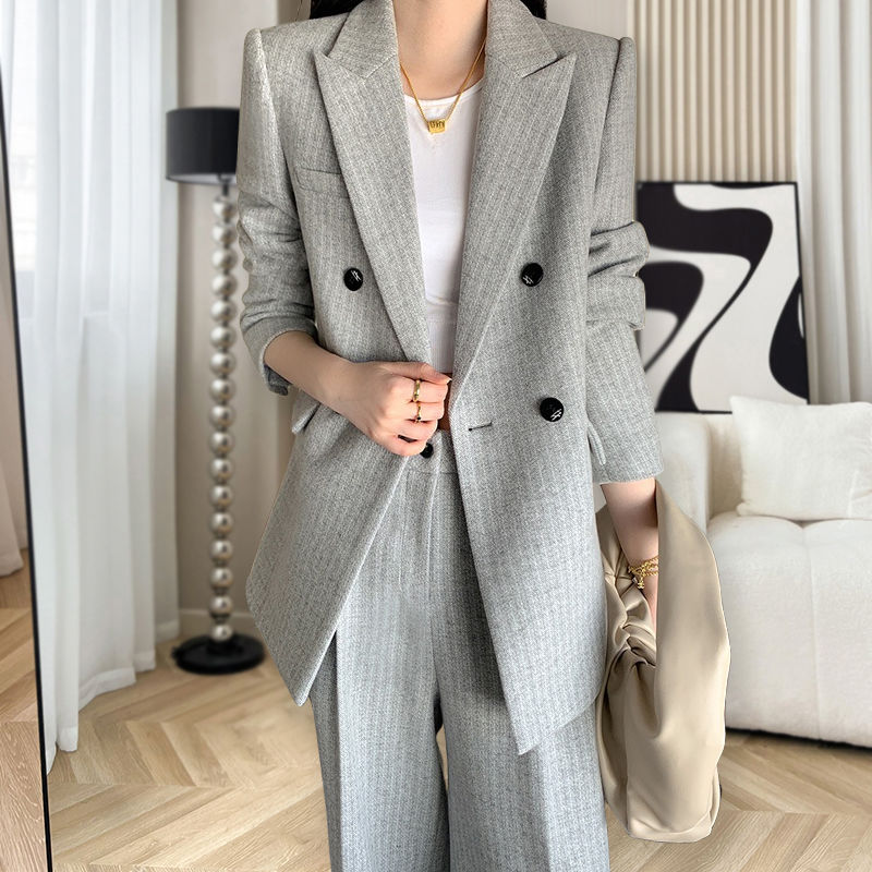 高級感毛呢條紋西裝套裝女2023冬季時尚休閒闊腿褲西服外套兩件套