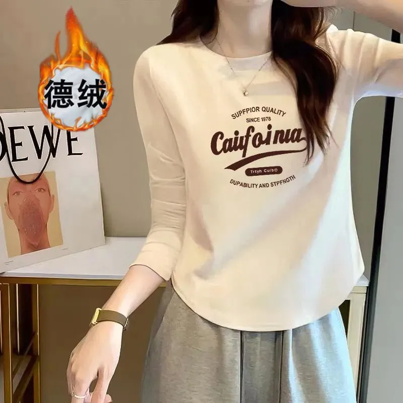 下擺U型加絨短款不規則純棉白色打底衫上衣長袖t恤女時尚洋氣新款