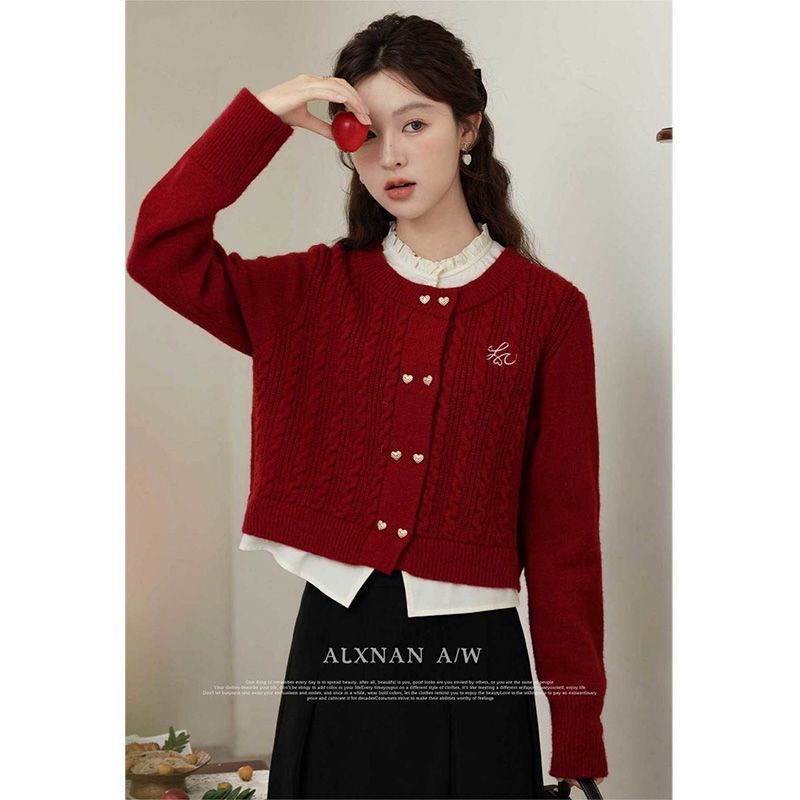 刺繡設計感假兩件紅色女毛衣開衫女2024新款秋冬加厚短款寬鬆ins