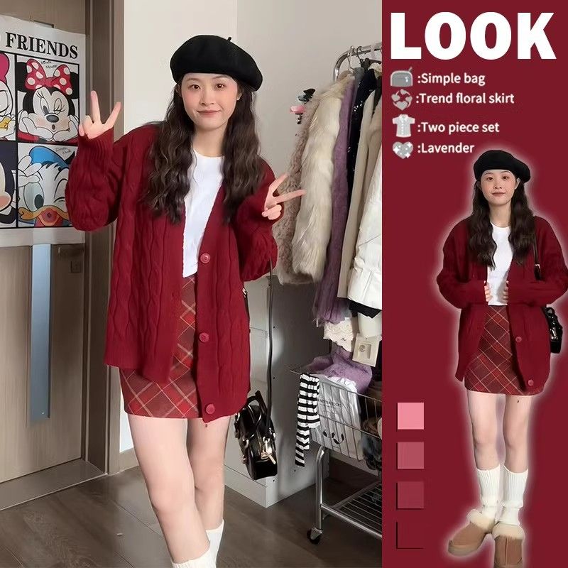 New Year Red Korean Twist Knitted Cardigan Women's Autumn and Winter New Product Design V-neck Long Sleeve Sweater Jacket for Women