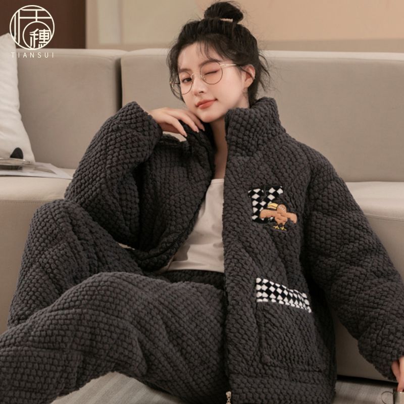 2023年新款珊瑚絨三層夾棉加厚睡衣女款冬季保暖法蘭絨拉鏈家居服