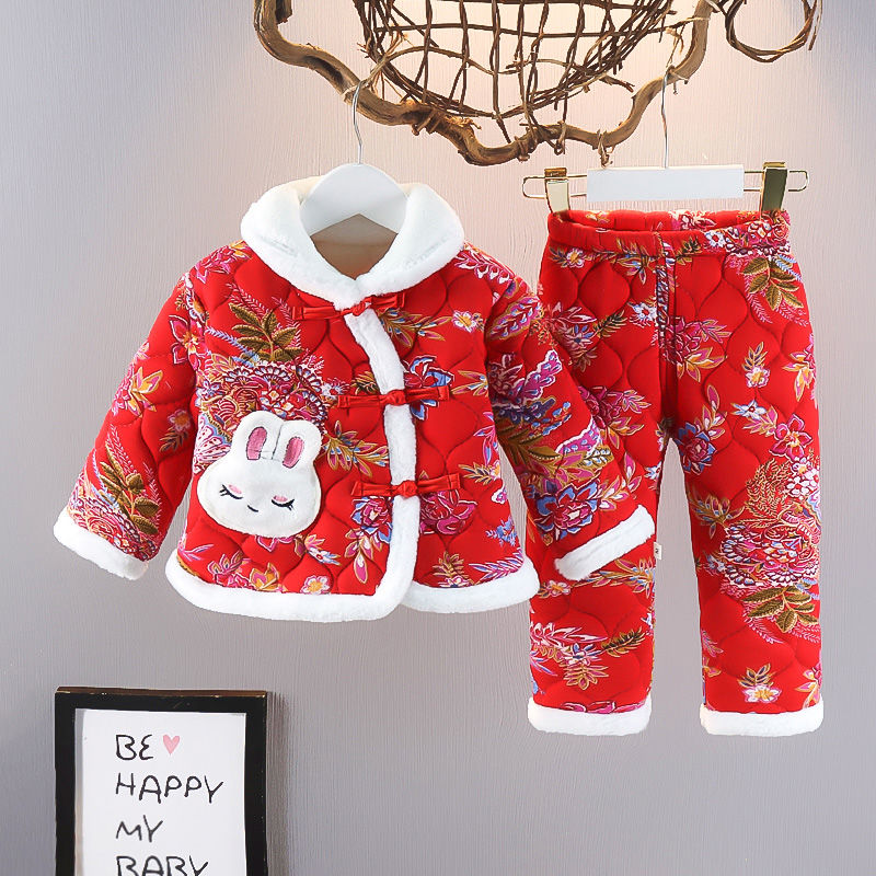 Girls' New Year's greetings clothing, Tang suit, children's festive New Year's clothing set, baby's one-year-old dress, velvet and thickened New Year's clothing, winter