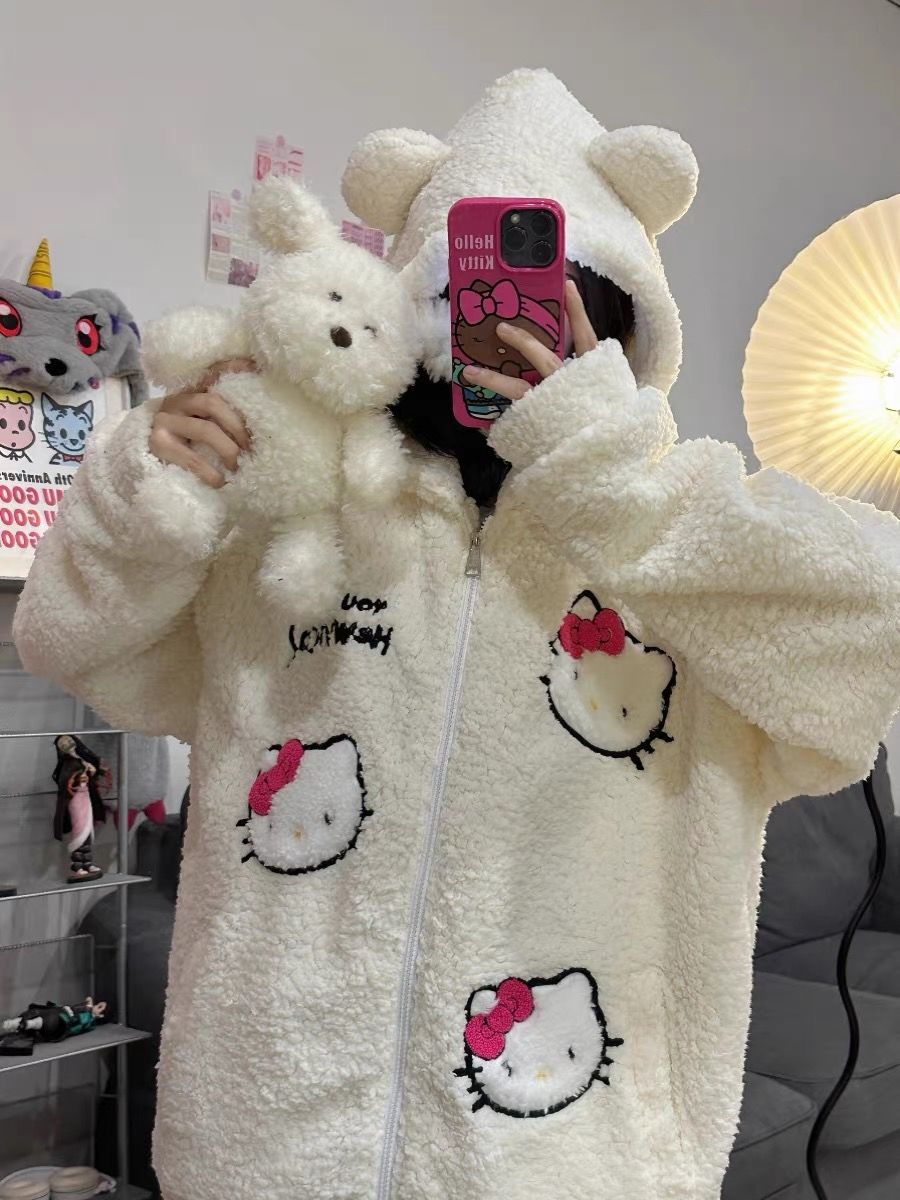 羊羔绒HelloKitty刺绣外套女冬季加厚保暖可爱甜酷宽松棉服棉袄