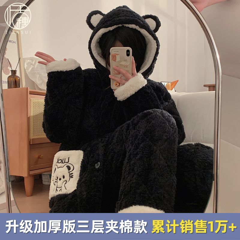 加厚珊瑚絨三層夾棉睡衣女2023年冬季長袖連帽法蘭絨保暖套裝
