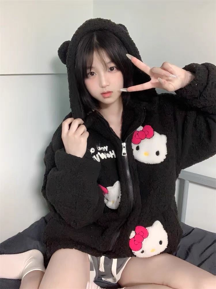 羊羔绒HelloKitty刺绣外套女冬季加厚保暖可爱甜酷宽松棉服棉袄