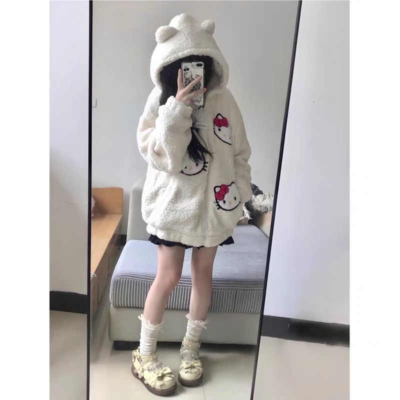 奶呼呼可愛kt貓羊羔毛外套女冬季2023年新款棉衣棉服保暖加厚棉襖