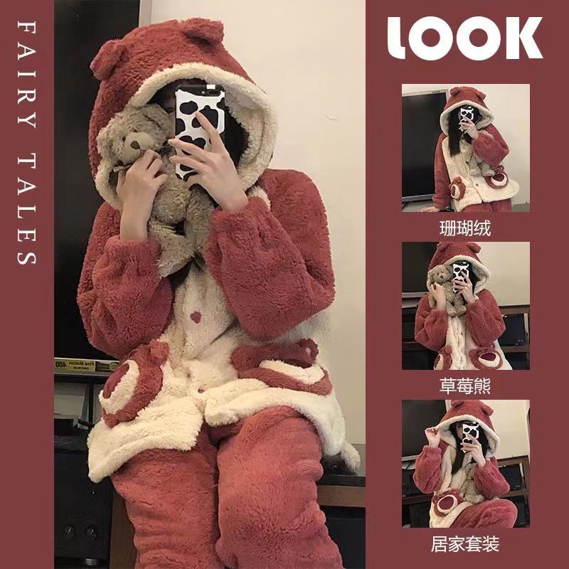 Girl Cute Cartoon Strawberry Bear Coral Velvet Pajamas Women 2024 Autumn and Winter Thickened Velvet Home Clothing Set