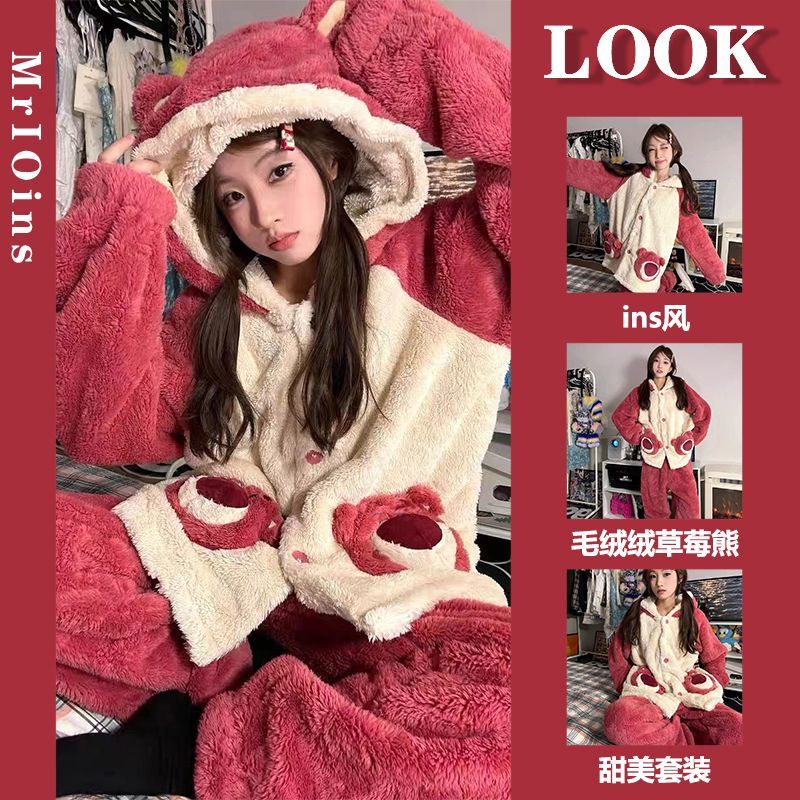 Cute strawberry bear thickened pajamas for women coral velvet winter new plush hooded dormitory suit home wear outer wear