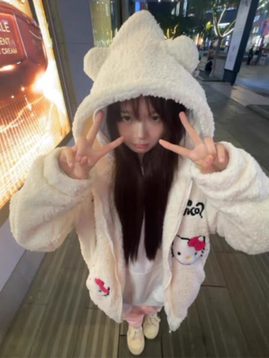 羊羔絨棉服HelloKitty秋冬寬鬆刺繡保暖凱蒂可愛外套新年戰袍