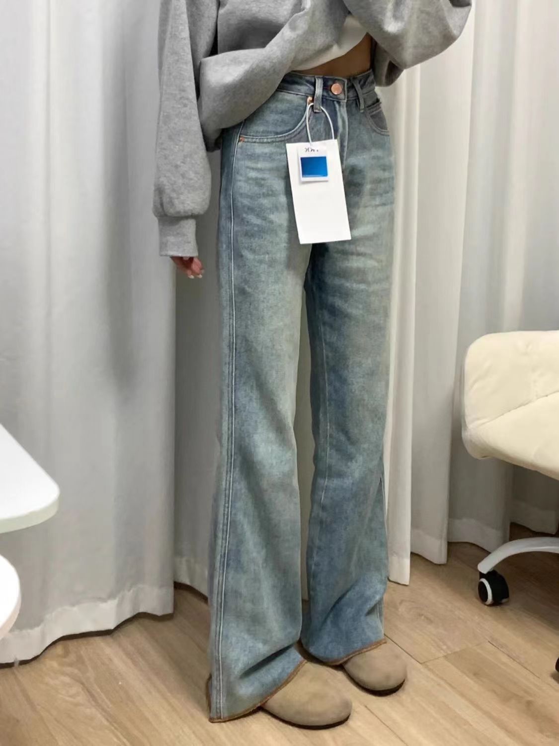 高腰淺藍色直筒牛仔褲秋冬新款寬鬆顯瘦修身百搭闊腿拖地長褲子潮