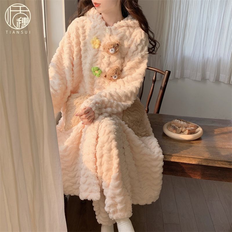 法蘭絨睡袍女2023冬季新款可愛珊瑚絨浴袍加厚保暖睡裙家居服套裝