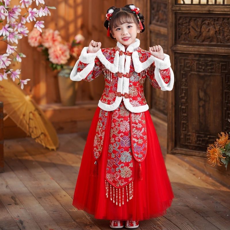 女童拜年服冬裝加絨加厚新款古裝漢服過年冬季女孩新年中國風唐裝