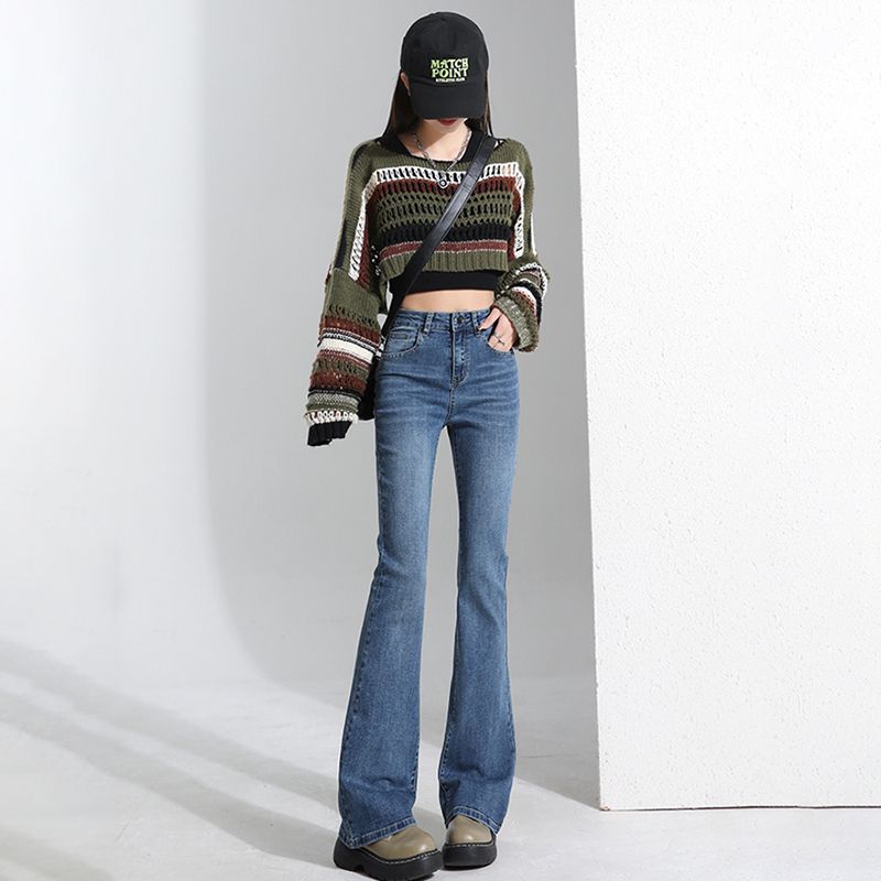 美式韓版高腰微喇叭牛仔褲女2023秋冬款新款顯瘦百搭微喇牛仔褲