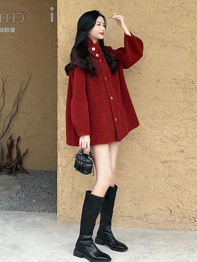 聖誕新年本命年紅色毛呢外套女秋冬網紅新款小香風氣質名媛范大衣