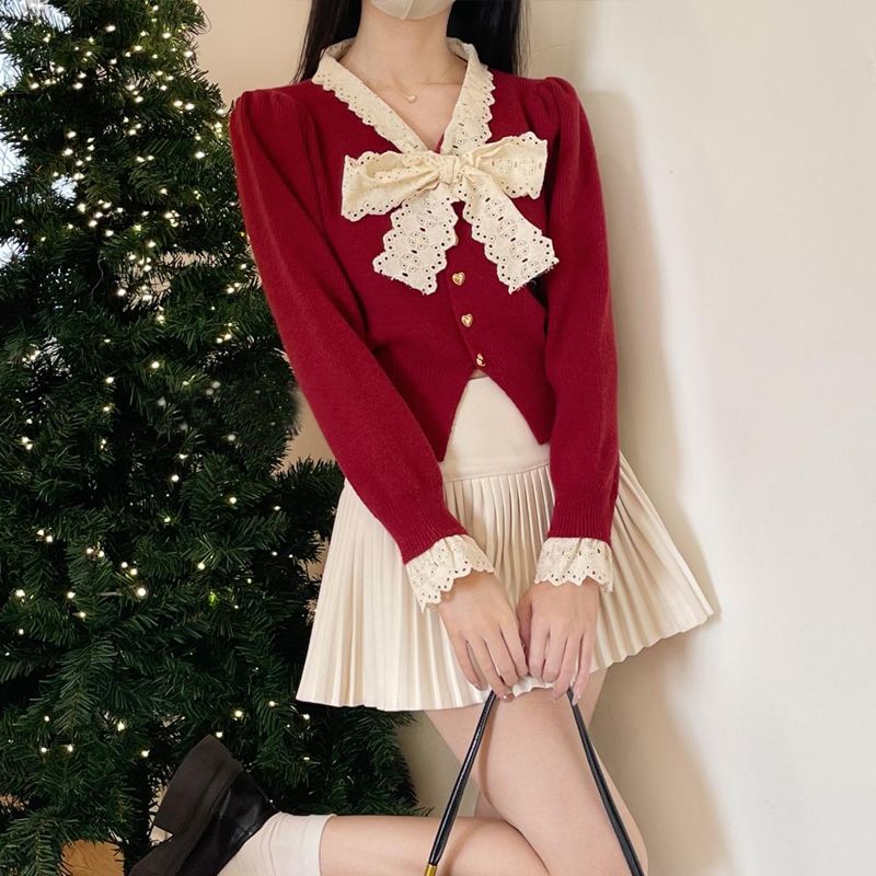 Bow red sweater for women autumn and winter 2024 new Christmas wear lazy style long-sleeved top knitted cardigan