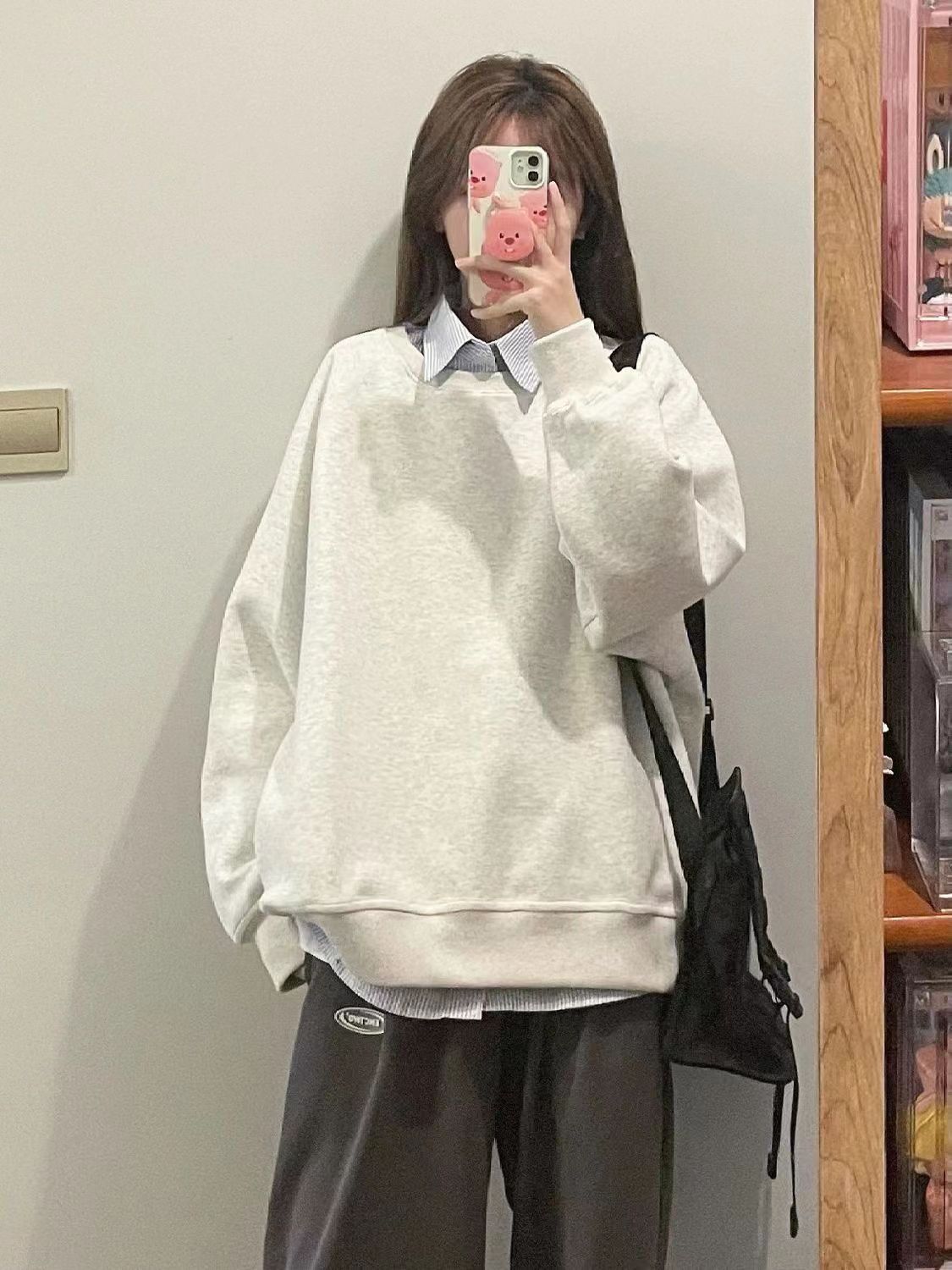 圓領衛衣女小個子春秋復古美式慵懶風oversize高級感落肩上衣外套