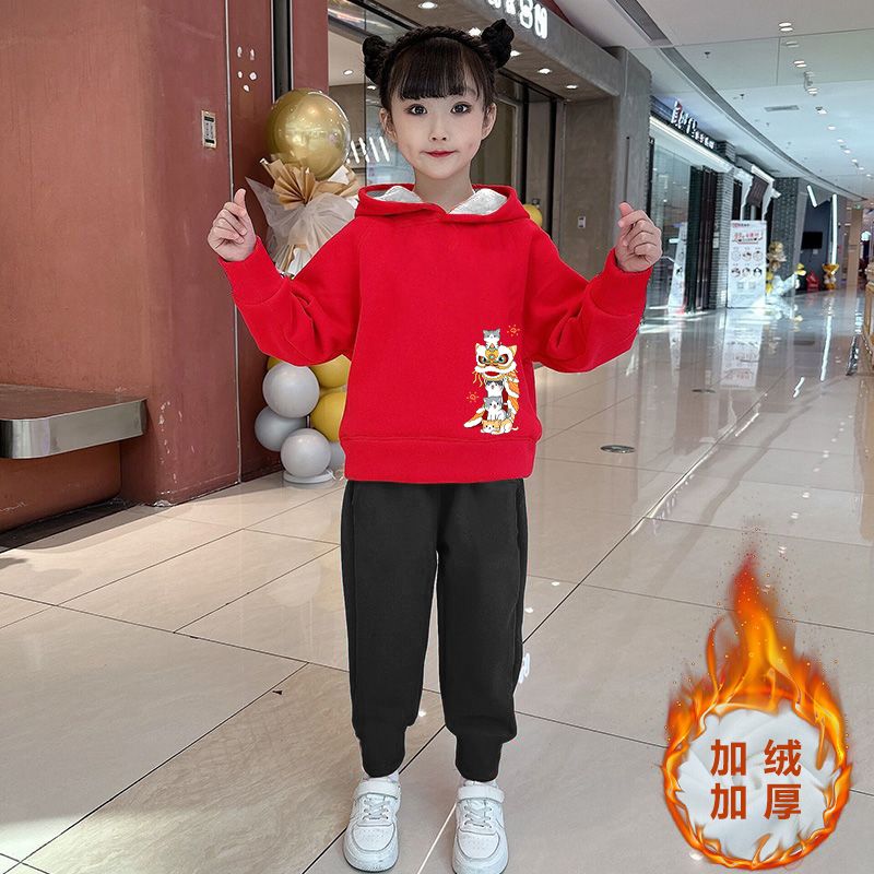 兒童套裝冬季男女童加絨衛衣2024龍年寶寶過年喜慶拜年服兩件套潮