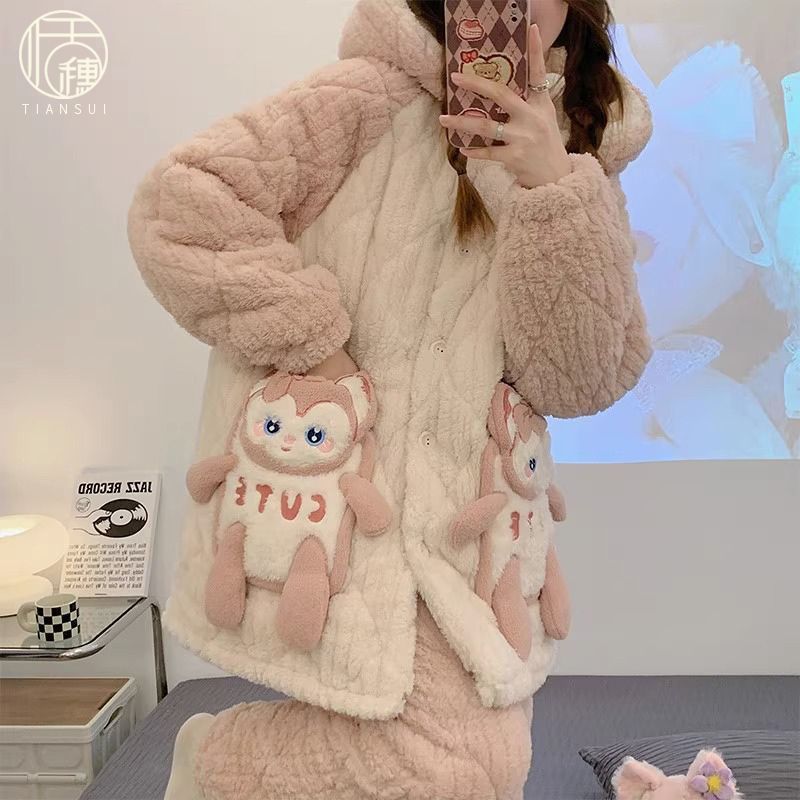 連帽睡衣女冬季三層夾棉襖珊瑚絨加絨加厚保暖法蘭絨可外穿家居服
