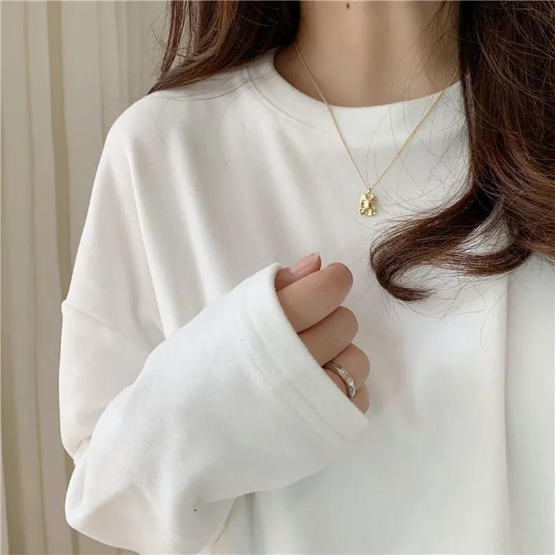 加厚雙面德絨圓領白色打底衫女加絨2023秋冬磨毛內搭純色寬鬆中長