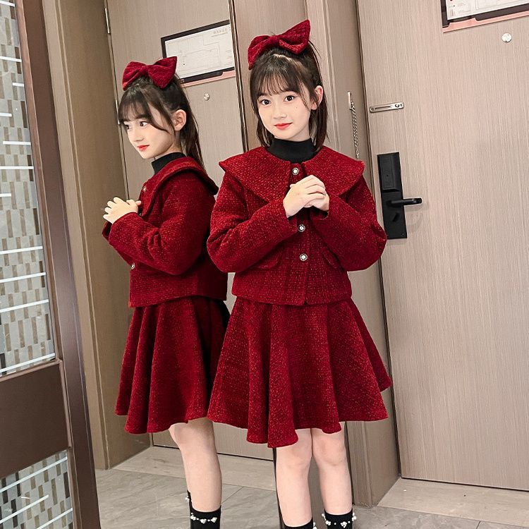 儿童小香风套装裙子秋冬拜年服新款女童洋气红色外套半身裙两件套