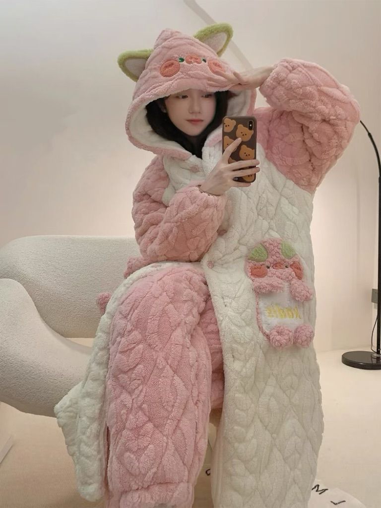 公主風睡袍珊瑚絨甜美豬豬三層夾棉超厚睡衣冬季女生連帽浴袍外出