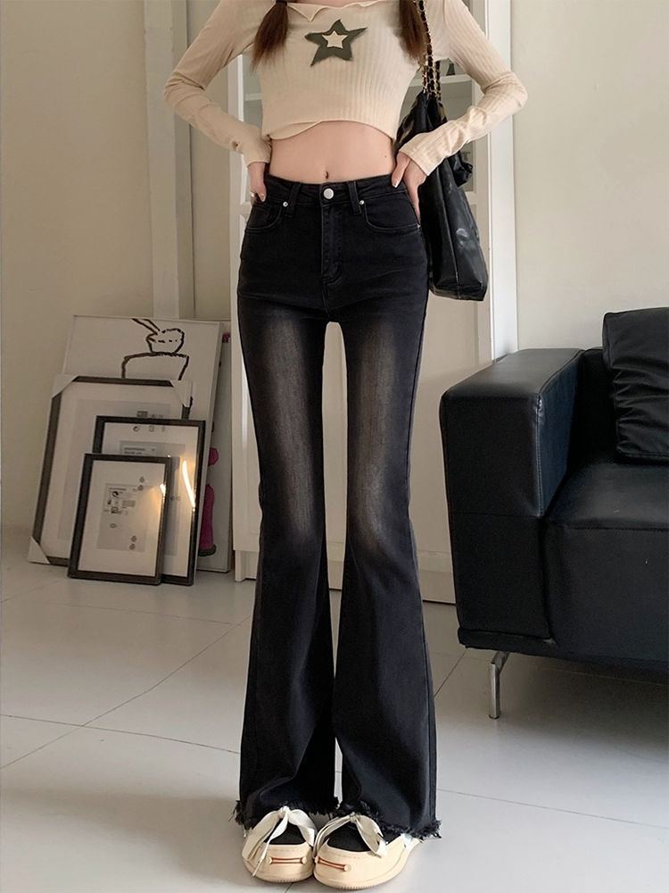 復古毛邊微喇叭牛仔褲女冬季新款高腰彈力修身百搭直筒拖地褲子潮