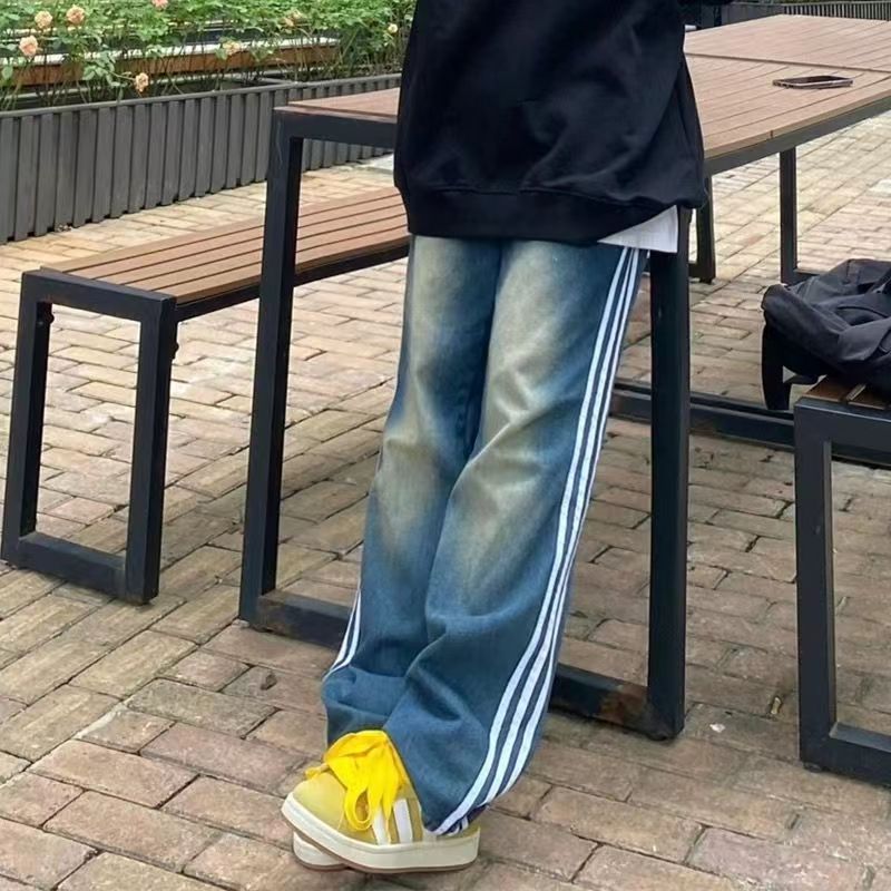 復古高腰三道槓條紋牛仔褲女秋冬新款寬鬆顯瘦修身百搭直筒長褲子