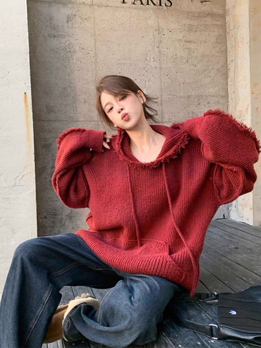 秋冬2023新款流蘇連帽軟糯長袖毛衣女寬鬆百搭慵懶風針織衛衣ins