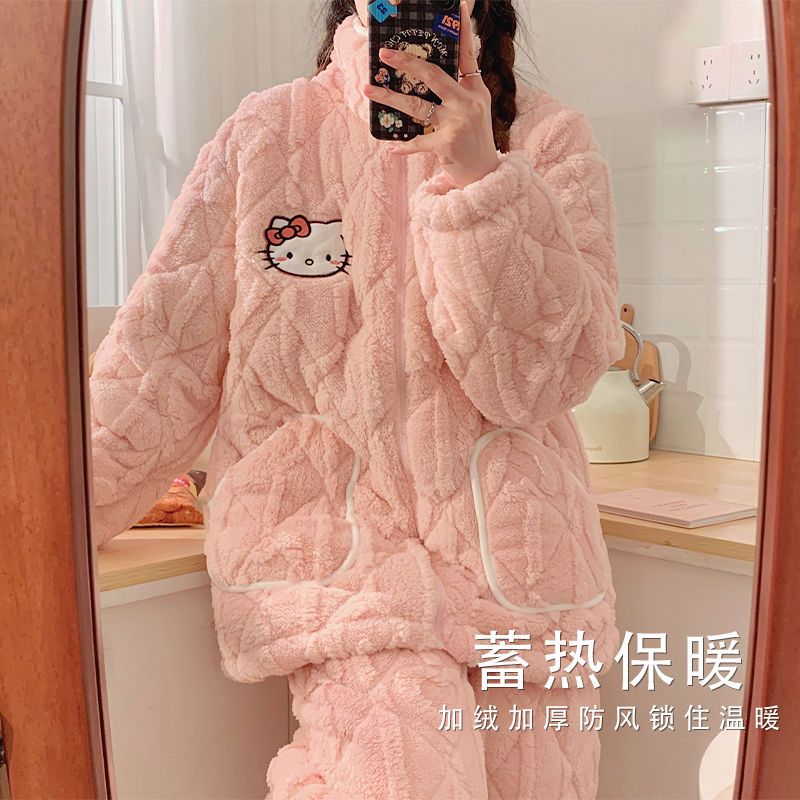 Thick velvet three-layer quilted jacket, ultra-thick pajamas, women's autumn and winter suits, coral velvet warm winter home clothes